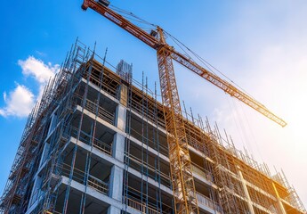 Modern Construction Site with Crane and Scaffolding Against Sky