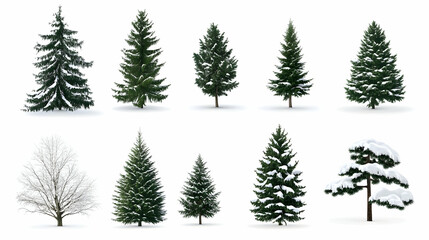 Fototapeta premium Collection of snow-covered fir trees, isolated on white, for winter holiday design