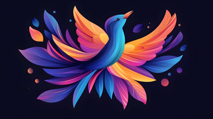 Obraz premium Colorful bird illustration, vibrant plumage, dark background, floral design, ideal for websites, social media