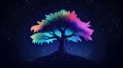 Colorful cosmic tree, night sky, mystical background; ideal for fantasy, spirituality, or nature themes