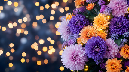 Colorful chrysanthemum bouquet, festive lights, dark background, holiday card design