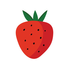 Minimalistic illustration of red strawberry with black seeds and green leaves.