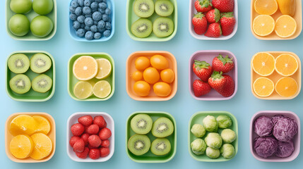 Colorful fruit and vegetable assortment in containers, overhead shot, healthy eating concept, for recipe blogs or food websites