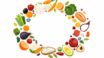 Colorful fresh fruits and vegetables circle frame, healthy food concept, white background, recipe design