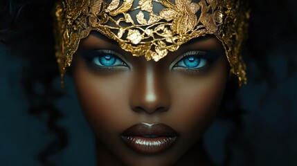Stunning portrait of a model with striking blue eyes and intricate gold headpiece set against a dark background