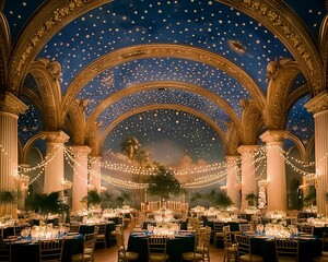 Obraz premium Elegant indoor wedding reception, celestial ceiling, romantic ambiance