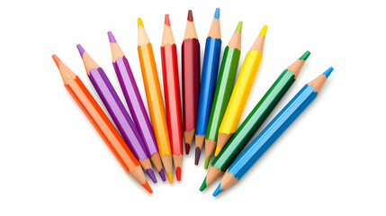 Fototapeta premium Colorful pencils arranged in a fan shape on white background, ideal for education or art projects