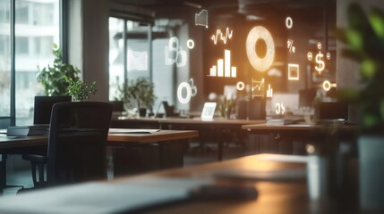 Virtual interface with financial charts and digital marketing data is projected above empty desks in a modern office, representing the integration of technology and business strategy