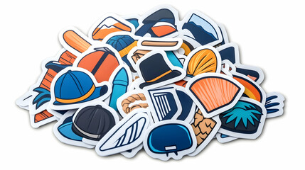 Colorful sticker pile hats, tools, & nature icons; crafting supplies; white background