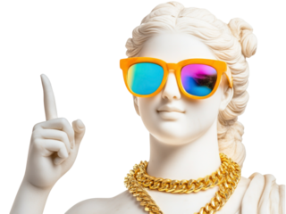 White ancient marble female statue wear colorful sunglasses, gold chain on nack