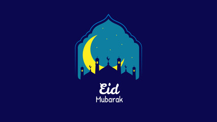 eid mubarak greeting card dark frame with silhouette of mosque in the night