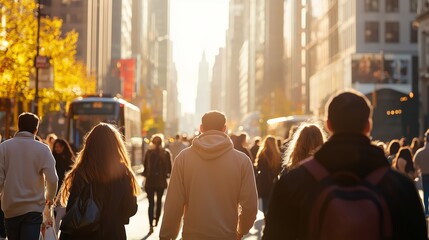 People walking through a busy city street in bright daylight, showcasing a diverse and bustling atmosphere