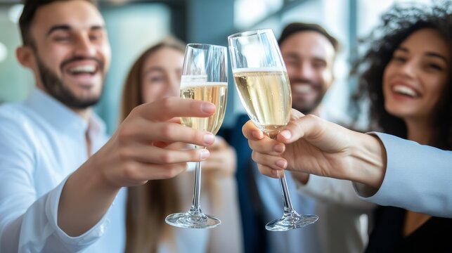 Employees celebrate corporate success with a champagne toast during a milestone achievement event
