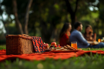 Happy family  enjoying a picnic on the grass. Friends sitting on the blanket near the fruits. Spring and summer concept.