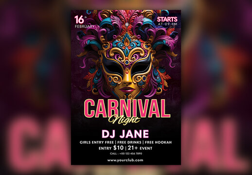 Editable Carnival Party Flyer or Poster Template with Colorful Feather Mask for Advertisement.