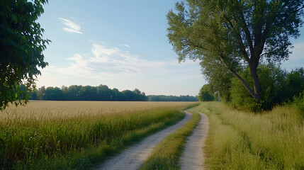 Country road winding through golden wheat field, trees lining path, sunny day. Ideal for travel, nature, or rural lifestyle imagery