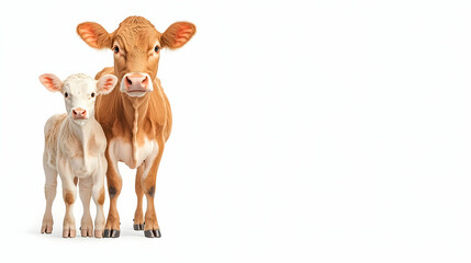 Cow and calf portrait, studio shot, white background, farming