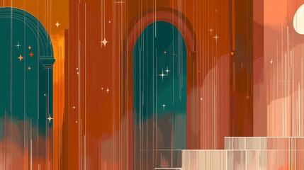 exploring abstract architecture illustration: a modern geometric building design in a starry night cityscape with teal and orange hues