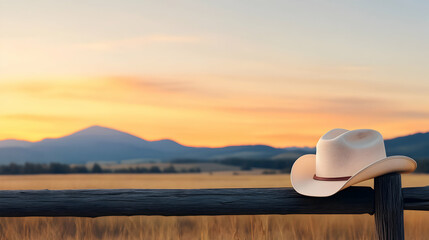 Cowboy hat on fence, sunrise over plains, peaceful ranch scene, western lifestyle imagery