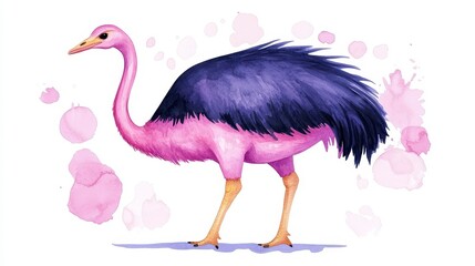Fototapeta premium Vibrant Pink and Purple Ostrich Illustration with Watercolor Effects