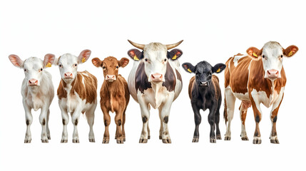 Cows and calves posing against white background; agricultural livestock image for farming brochures