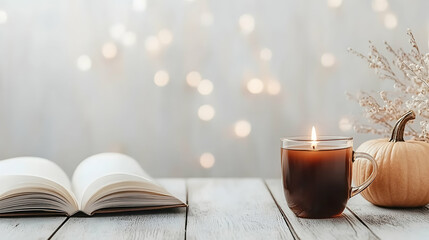 Cozy autumn scene open book, candlelit tea, pumpkin, dried flowers; perfect for fall blogs or seasonal promotions