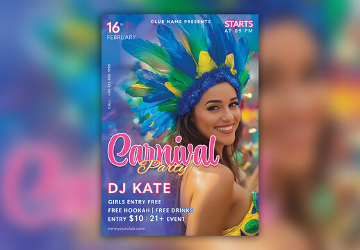 Editable Carnival Party Flyer or Poster Template with Female Samba Dancer and Event Details.