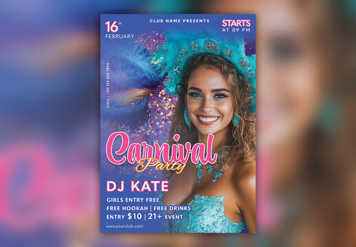Editable Carnival Party Flyer or Poster Template with Female Samba Dancer and Event Details.