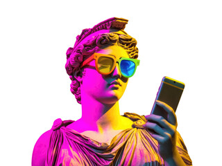 Pop art collage, photo of a greek classicist sculpture of a woman wearing colored glasses and holding a modern mobile phone