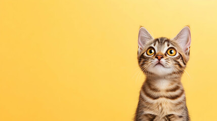 Fototapeta premium Curious kitten looking up against yellow background; pet adoption campaign