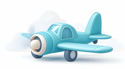 Fototapeta premium Cute blue airplane flying among clouds; children's book illustration