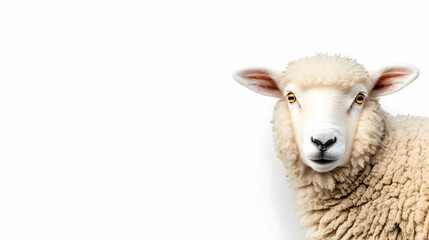Obraz premium Curious sheep portrait, white background, farm animal, copy space