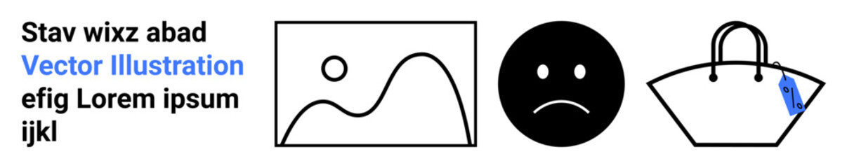 Monochrome objects including a framed image, emotive face, and handbag outline. Ideal for moods, shopping, creativity, art concepts, online stores, branding flat landing page banner