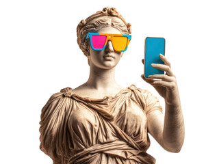 Pop art collage, photo of a greek classicist sculpture of a woman wearing colored glasses and holding a modern mobile phone