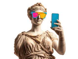 Pop art collage, photo of a greek classicist sculpture of a woman wearing colored glasses and holding a modern mobile phone
