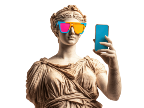 Pop art collage, photo of a greek classicist sculpture of a woman wearing colored glasses and holding a modern mobile phone
