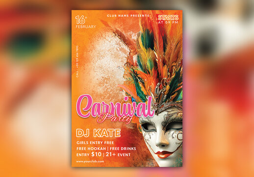 Editable Carnival Party Flyer or Poster Template with Realistic Feather Mask in Orange Color.