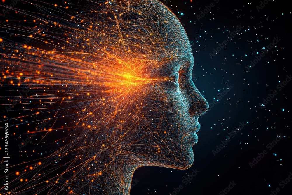 Poster representation of artificial intelligence merging with digital elements in a cosmic setting