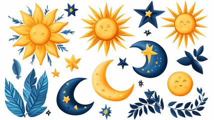 Cute sun, moon, and star illustrations; celestial elements; design elements for kids' products