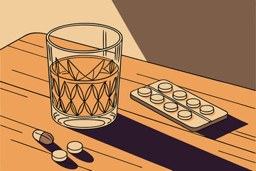 Whiskey glass, amber liquid, cut crystal tumbler, wooden table, pills, medication blister pack, dramatic lighting, shadows, macro photography, high contrast, golden hour, temptation, addiction conc