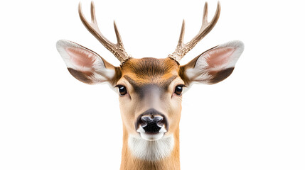 Obraz premium Deer portrait, looking at camera, white background, nature wildlife image, ideal for greeting cards