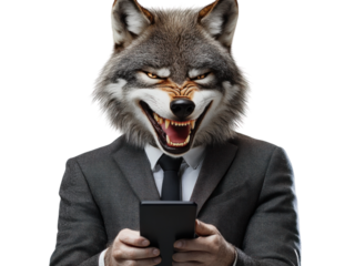 WOLF IN A SUIT LAUGHING LOOKING AT A MOBILE PHONE
