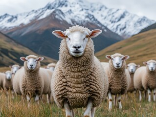 Fototapeta premium Sheep grazing peacefully in a mountainous landscape during early morning light