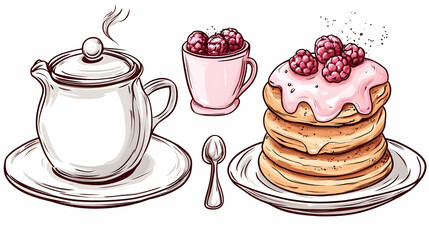 Delicious pancakes, tea, and raspberries; breakfast illustration