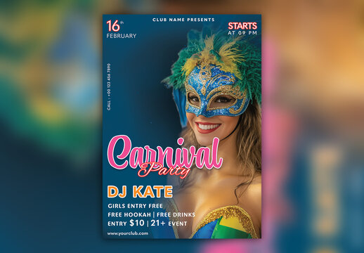 Editable Carnival Party Flyer or Poster Template with Female Samba Dancer and Event Details in Blue Color.