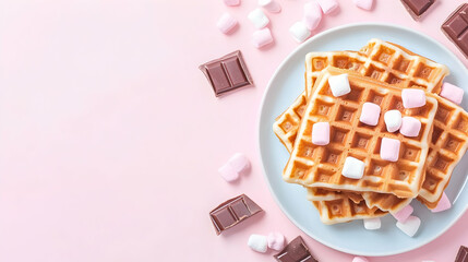 Delicious waffles with marshmallows and chocolate on pink background; perfect for food blogs or recipe websites
