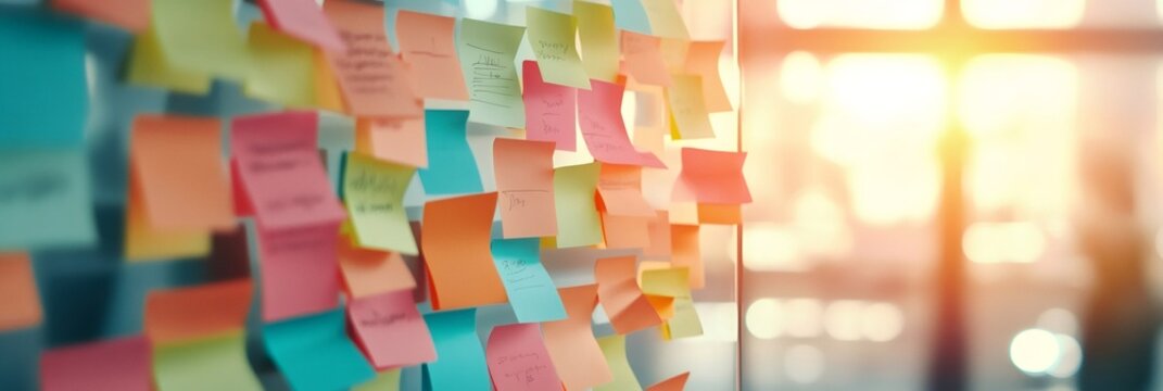 Many colorful sticky notes with handwritten information are covering a glass wall in a bright office, suggesting brainstorming and project management activities