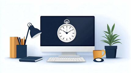 Desktop computer showing stopwatch, office workspace, time management concept, productivity illustration