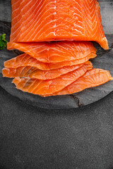 salmon fish raw fresh seafood fresh tasty food dish gourmet food background on the table rustic food top view copy space pescetarian  diet Vegetarian food