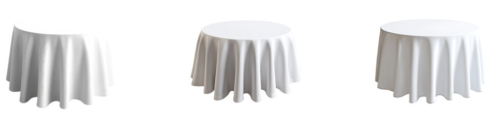 Round table with white table cloth isolated on transparent background, PNG, Set of